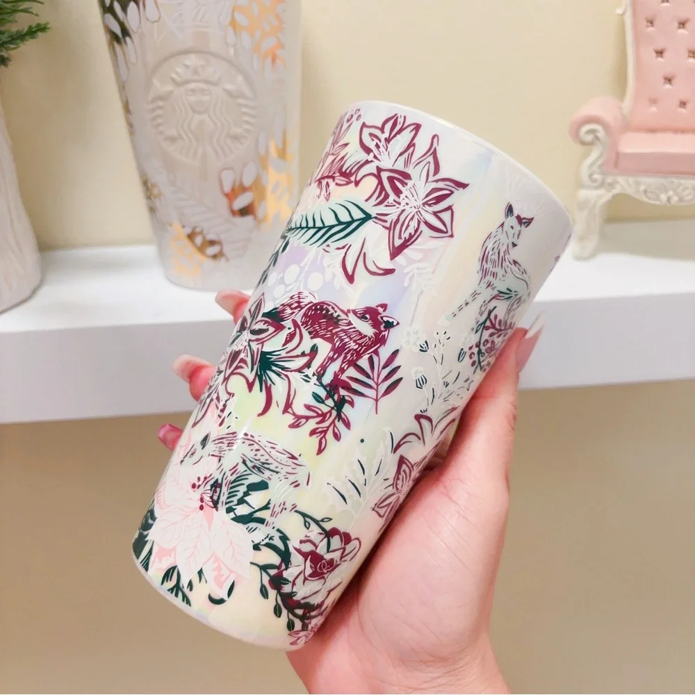 STARBUCKS Holiday 2020& 2021 NWT Ceramic Gold Pine Cone Tumbler Travel Mug 12oz